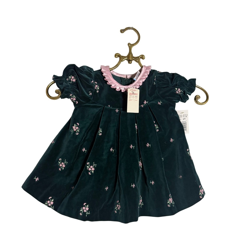 Lord & Taylor Vintage 1996 Green Velvet Floral Embroidered Baby Dress 6-9 Months